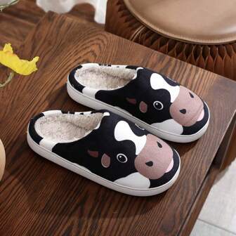 1 双女士舒适奶牛印花毛绒拖鞋，适合冬季室内穿着