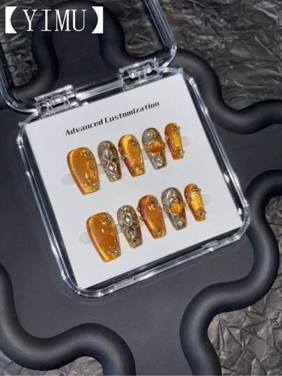 Uñas postizas hechas a mano, efecto de ojo de gato holográfico dorado, puntas de uñas en forma de ataúd cortas, uñas de aplicación, suministros para uñas