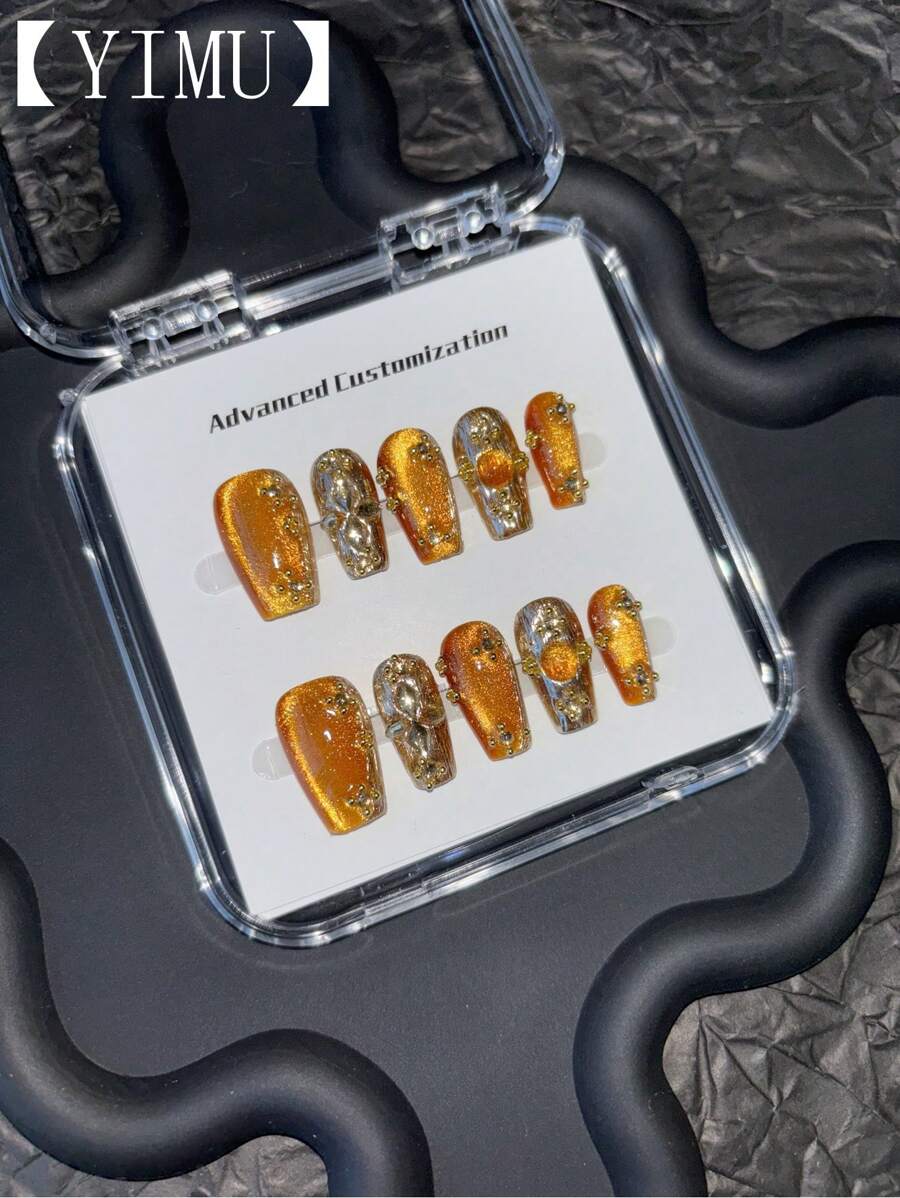 Uñas postizas hechas a mano, efecto de ojo de gato holográfico dorado, puntas de uñas en forma de ataúd cortas, uñas de aplicación, suministros para uñas