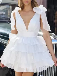 Glitzerndes mehrschichtiges transparentes Kleid, V-Ausschnitt mit Schleifendesign, Cocktail-Party Abendkleid, geeignet für Party, Hochzeitsereignisse, Hochzeitsgast Kleid