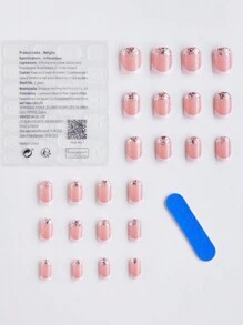 24Pcs Short Square Silver Sequins Glitter White French Tip Press On Nails Classic Simple Design Suitable For Daily Use False Nails Nail Supplies Nails