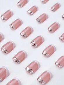 24Pcs Short Square Silver Sequins Glitter White French Tip Press On Nails Classic Simple Design Suitable For Daily Use False Nails Nail Supplies Nails