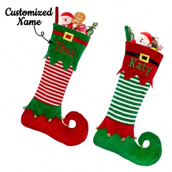 1pc Personalized Christmas Stocking,22" Large Elf Embroidered Custom Name Stockings, Xmas Stocking For Kids,Holiday And Family Stocking For Fireplace Party Decoration,Festive Calendar