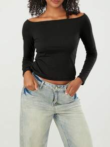 Women's Off Shoulder Crop Tops Long Sleeve Solid Color Slim Fit T-Shirts Dressy Blouses