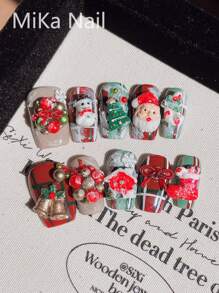 10 件圣诞格子短方形假指甲带 3D 圣诞老人铃铛、圣诞花环、雪人、红色蝴蝶结、驯鹿装饰假指甲，手工美甲配件，适合秋冬季 - 彩色 - 查看 2