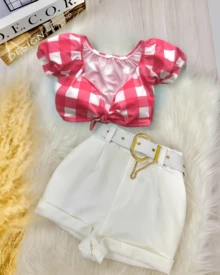Set 2 Cropped Top With Padded Bra + Shorts With Belt Fashion Blogger Inspiration 2025 - trắng - Xem 2