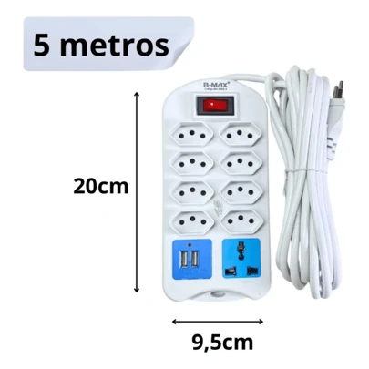Extensão Elétrica 9 Tomadas Bivolt Filtro De Linha 5 Metros