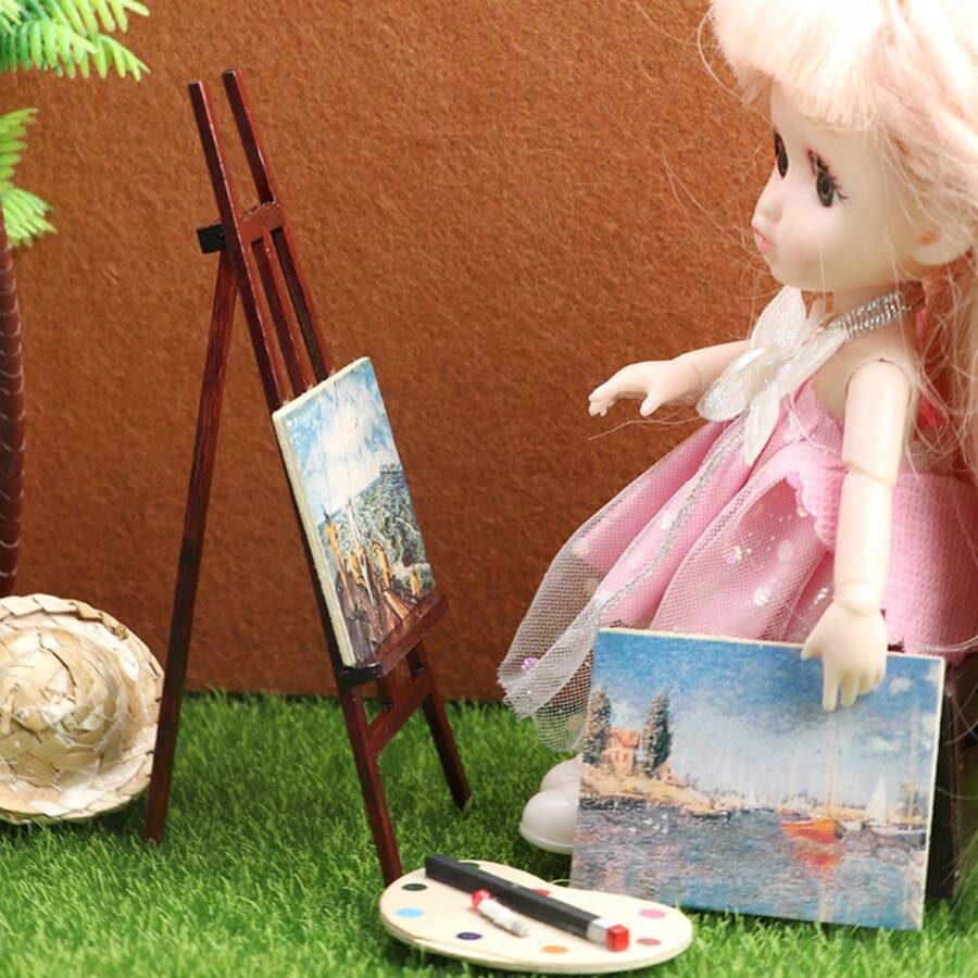 1:12娃娃屋DIY小屋迷你静态模型场景配件毕业制作画架画板3件套微型食物游戏工作室场景模型配件迷你颜料盒 - 彩色 - 查看 1