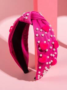 1 băng đô xoắn vải trơn màu phong cách Hàn Quốc, trang trí hình trái tim đính đá, phụ kiện tóc tối giản và thời trang, đa năng cho buổi hẹn hò, đi chơi - Màu Hồng Tươi - Xem 1