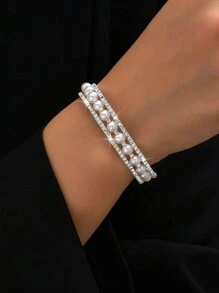 1 件迷人人造珍珠和水钻装饰手链，适合女性日常配饰 - 水鑽開口手鐲 - 查看 6