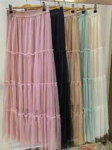 Women's Fashion Tulle Skirt Midi Long Elegant And Elastic Colored Size S M L - 卡其色 - 查看 2