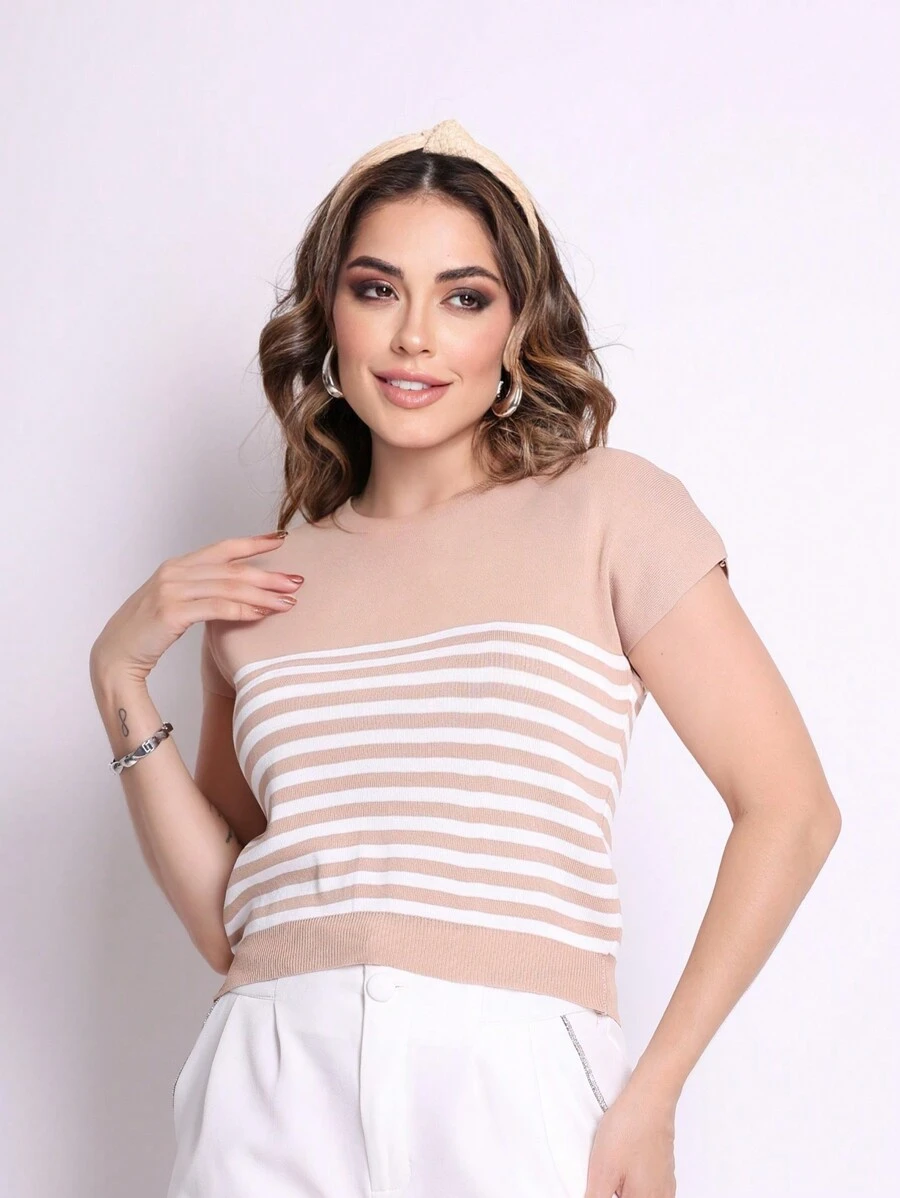 Women's Striped Blouse In Fresh Flash Modal With Elastane - 卡其色 - 查看 1