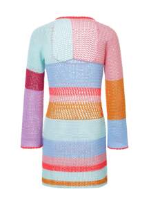 Women Crochet Knit Mini Dress Bikini Cover Up Colorful Striped Long Sleeve See Through Mesh Cover Ups Summer Coverups Beach Wear - màu sắc - Xem 5