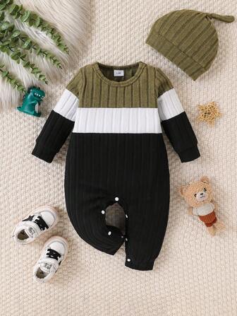 Baby Boy Fashion Color Block Zip-Up Footed Romper + Hat Set