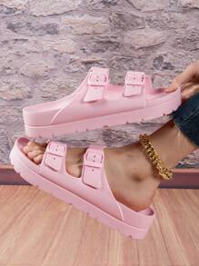 全新纯色 EVA 厚底增高一体式稳定室内家居柔软舒适女士凉鞋，可调节双带适合学生、户外旅行、海滩、购物、徒步旅行、减震拖鞋