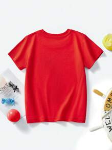 1 件装年轻男孩休闲挖掘机卡通印花圆领短袖 T 恤，时尚春夏 - 紅色 - 查看 3