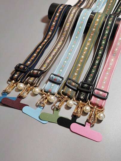 Fashionable Floral Nylon Phone Lanyard Necklace With Pearl Pendant Bracelet, Compatible Universal Accessory
