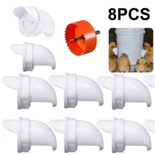 鸡喂食器和饮水器，带防鼠塞盖、8 个端口、8 个鸡水杯和孔锯，DIY 家禽喂食器端口重力自动喂食套件，适用于桶、桶、箱、槽 - 白色 - 查看 1
