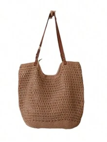 Juzia Bags Straw Beach Bag Plaid Stitched Shoulder Tote Bag - màu nâu - Xem 2