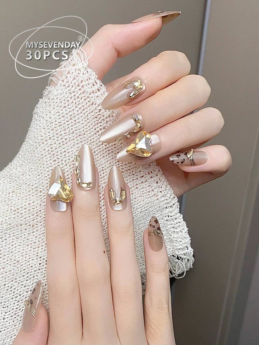 30 miếng dán móng tay giả hình quả hạnh nhân cỡ vừa, đá giả hình trái tim lấp lánh ngọt ngào và mát mẻ, miếng dán móng tay phong cách Nhật Bản và Hàn Quốc dành cho nữ, đầu ngón tay mới và thời trang, kết hợp với 1 miếng keo dán và 1 miếng băng chà xát, thích hợp cho các bữa tiệc, khiêu vũ, trang phục thường ngày của phụ nữ, trang phục có thể tháo rời và tái sử dụng - Nhiều màu - Xem 1