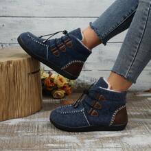 Giày bốt đi tuyết đế bằng buộc dây màu trơn dành cho nữ, ấm áp, thoải mái và hợp thời trang cho mùa đông - Màu xanh hải quân - Xem 2