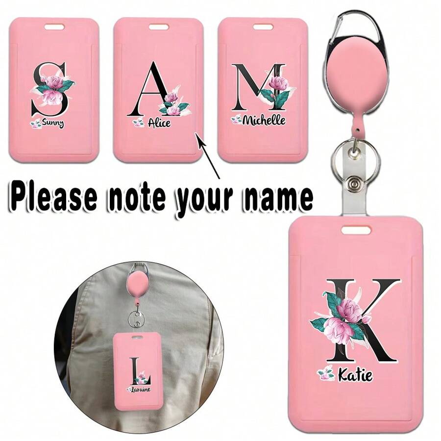 Customized Name Retractable Badge Holder Durable ID Keychain Clip Name Tag Employee Card Protector With Custom Design Security Accessories Suitable For Business Personalized Name Badge For Professional Office Environment - Pink - View 1