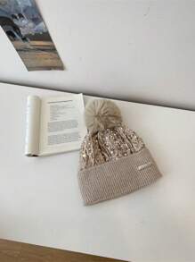 1pc Women's Fashion Sequin Warm Knit Hat, Perfect Gift For Her In Christmas And Halloween - Beige - View 3