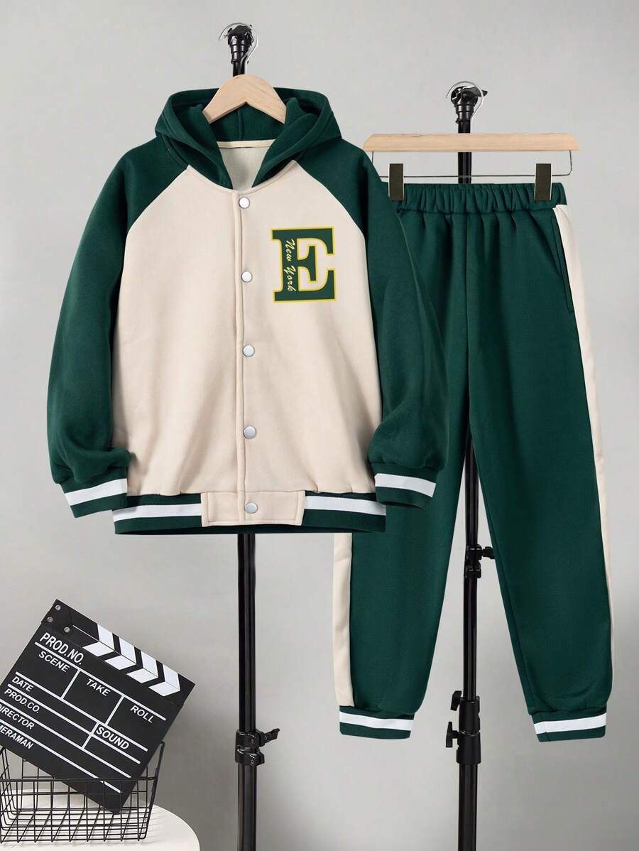 两件套男童休闲撞色拼接连帽开衫和户外抓绒裤套装，秋冬季 - 綠色 - 查看 1