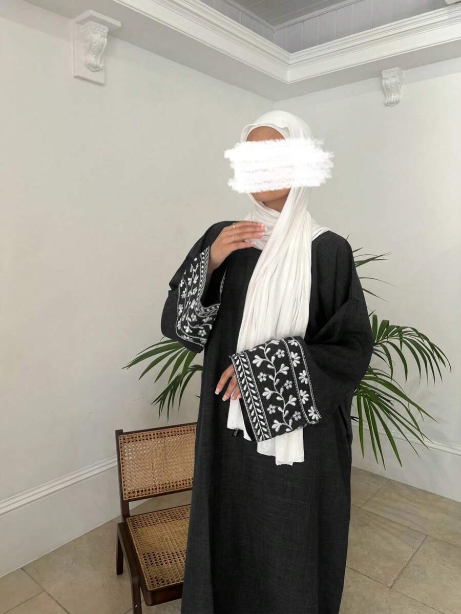 1 件适度亚麻长袍配腰带，女士阿拉伯民族服装，经典纯色优雅休闲宽松长袍长袍配披肩，绣花袖口，透气面料，适合日常生活、节日、聚会、宴会、旅游和度假 - 黑色 - 查看 1