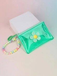 1pc Fashionable Transparent PVC Coin Purse With Floral Beaded Chain - Girl's Portable Key And Travel Wallet (Bead Color Random)