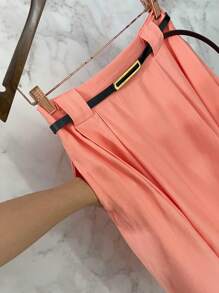 Midi Skirt With Belt And Pocket - Coral - View 5