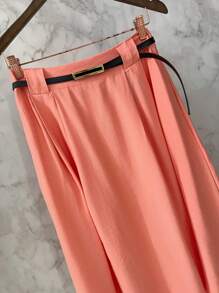 Midi Skirt With Belt And Pocket - Coral - View 3