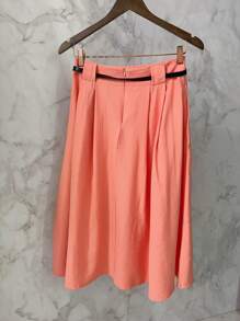 Midi Skirt With Belt And Pocket - Coral - View 6