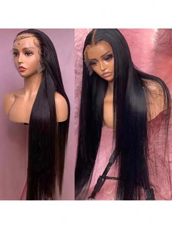 Peluca frontal de encaje de 36 pulgadas con cabello humano mezclado, cabello liso de 180 densidad, encaje transparente, color natural negro, sin pegamento, con cabello de bebé, adecuado para todo tipo de ocasiones, apropiado como regalo de Navidad para mujeres (pelucas bob de 8-16 pulgadas)