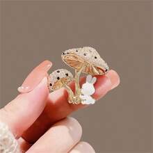 1pc Cute Rabbit & Mushroom Crystal Embellished Women Brooch, Luxury Unique Accessory, Daily/Festival Gift Dress Accessories Pin For Clothes Bag Charm Backpack For School