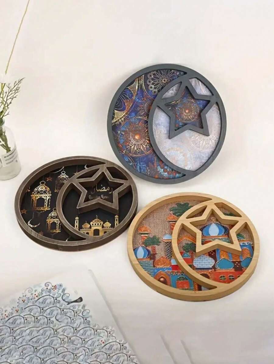 1月星盘，中东斋月节木盘，零食糖果巧克力圆形星盘月亮盘，创意灯光奢华水果盘，适用于家庭客厅，茶几，餐厅，餐桌家居装饰 - 彩色 - 查看 1