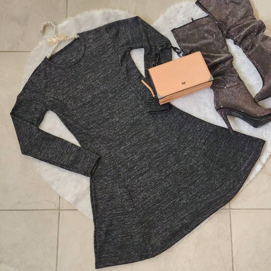 Vestido Corto de Vuelo Abajo Tipo A Tela Suéter Manga Larga de Cuello Redondo para Mujer Dama Sexy de Moda, Vestidos de Noche Elegantes. - Negro - Ver 1
