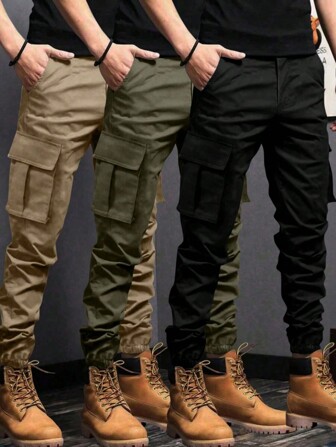 3-delat set herrbyxor med flera fickor, enfärgade cargobyxor, sommarbyxor för strandsemester, lämpliga för daglig pendling, sportträning, utomhus, lös passform, streetwear, fitness, löpning, vardagsbyxor, ankellånga byxor, höstkläder