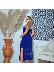Women's Midi Summer Strap Dress With Side Slit Lace With Crochet Stitch Lined Knit Look - Màu xanh lam - Xem 3