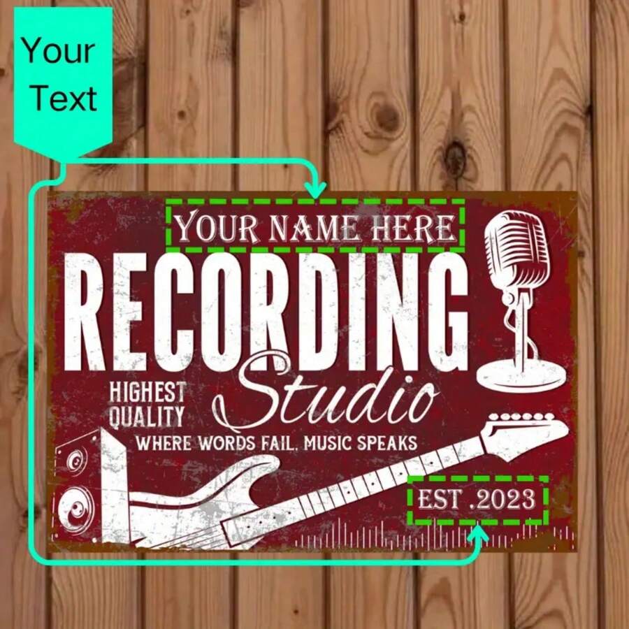 Customized Name Engraved Metal Plaque - 8"X12" Personalized Vintage Metal Decor For Recording Studio, Music Room - Multicolor - View 1