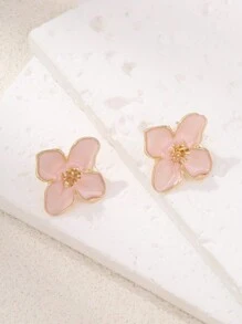 1 Cặp Hoa dâm bụt thời trang Pháp INS Phong cách Hồng Kông Retro Men hoa hồng, Phụ kiện hoa tai hoa nhỏ 3D - Hồng - Xem 8