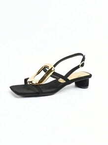 Giày sandal hở mũi đơn đế dày phong cách La Mã màu đen có khóa tròn màu vàng, quai mắt cá chân gợi cảm thời trang tối giản cho nữ ngoài trời mùa hè - màu đen - Xem 7