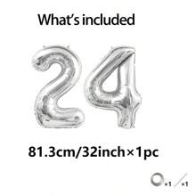 32英吋 81cm 銀色數字氣球 數字24 鋁箔膜 適用於派對、婚禮、單身派對、生日、新娘派對、畢業、週年慶祝裝飾 (0-9) - 彩色 - 查看 3