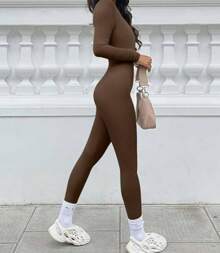 Womens Workout Winter Long Jumpsuits Seamless Yoga Gym Bodycon Rompers Sexy Unitard Tummy Control - Brown - View 6