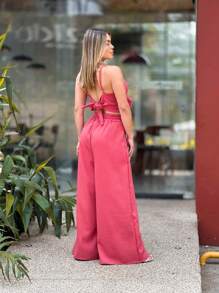 Women's Set Of Front Slit Palazzo Pants And Linen Tie-Up Crop Top - 珊瑚粉 - 查看 4