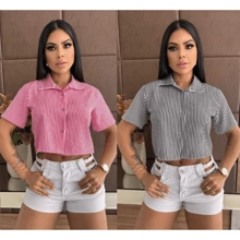 2 Piece Kit Women's Striped Blouse Short Social Blouse Women's Summer Fashion - BỘ 2 ÁO HỒNG VÀ ĐEN - Xem 3