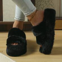 Dép xỏ ngón lông mềm mại thời trang thu đông có quai đôi, dép xỏ ngón mềm mại thoải mái cho nữ - màu đen - Xem 3