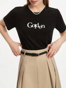 Women's Golden Casual & Sporty T-Shirt Summer Spring Round Neck 100% Cotton Minimalist T-Shirt - 黑色 - 查看 2