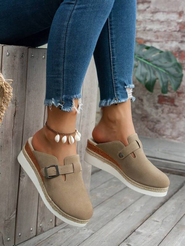 Women's Square Buckle Slip-On Mules, Suede Fabric Upper, Rope Wrapped Chunky Platform Sole, Versatile Slip-On Shoes