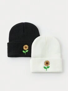 1 或 2 件女士向日葵刺绣针织帽，适合秋冬季、感恩节、教师节、休闲装 - A - 查看 1